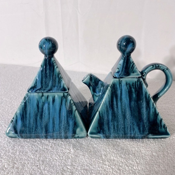 Handmade Blue Glaze Ceramic Pyramid Cream And Sugar Containers - Picture 4 of 11